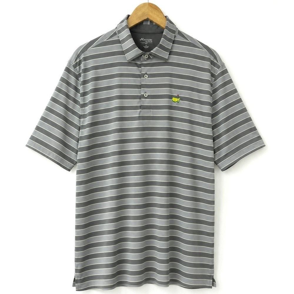 Masters Tech Mens Large Golf Polo Gray Green Stripe Embroidered Logo Augusta